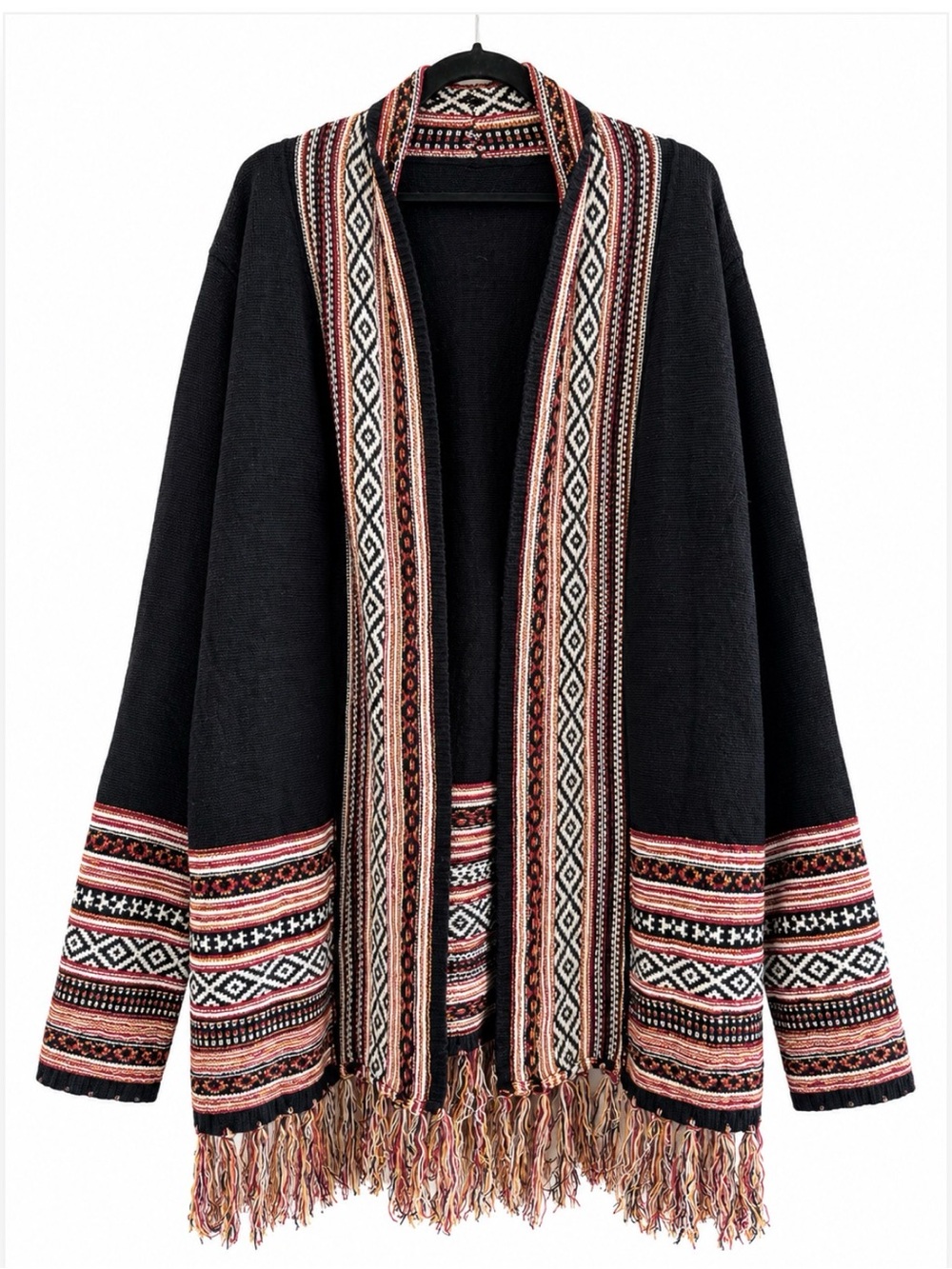 BloomChic 2X Black Boho Aztec Print Fringe Cardigan Duster
